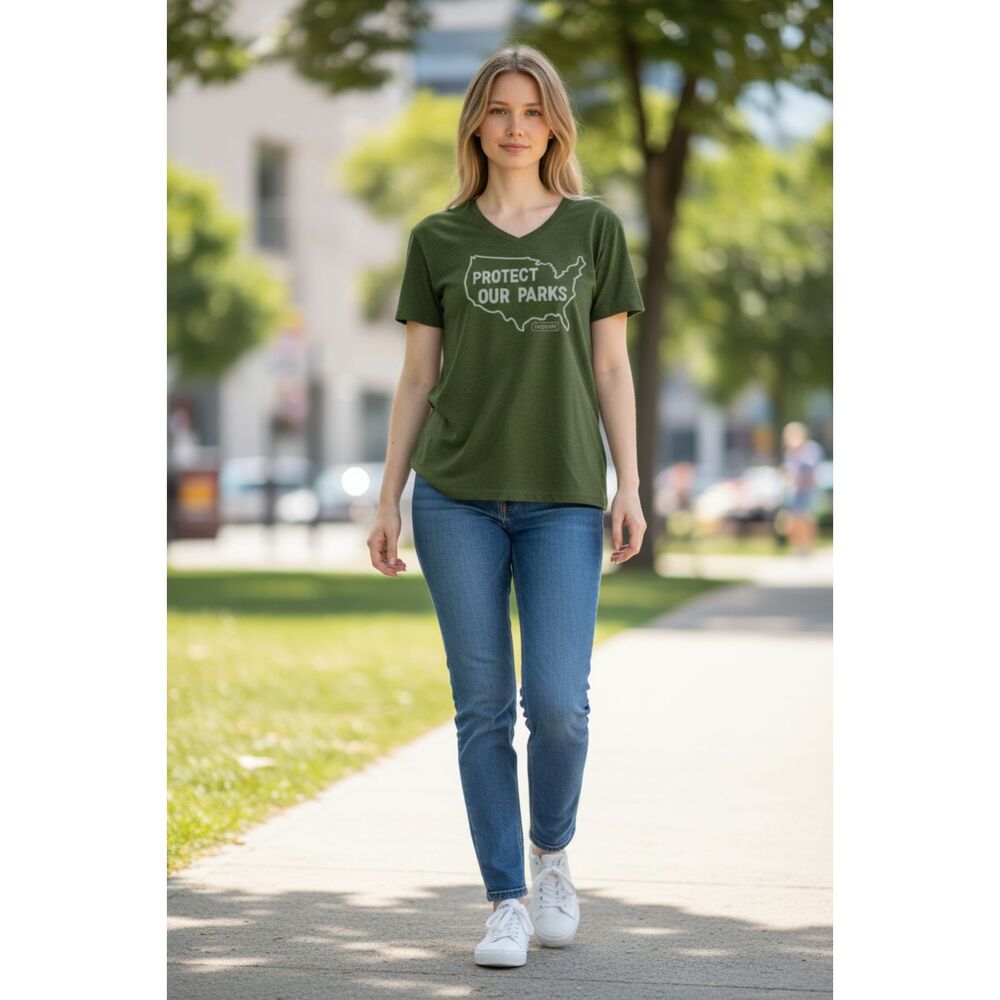 Recover Women's XL Protect Our Parks Graphic V-Neck T-Shirt Green Recycled
